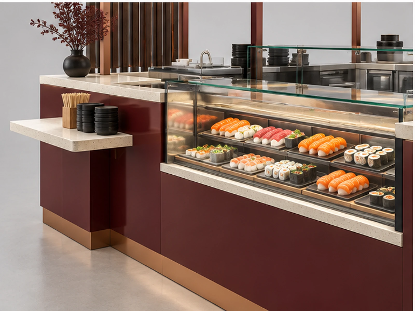 Corner Sushi Kiosk with Pickup Shelf customer-facing display and service counter
