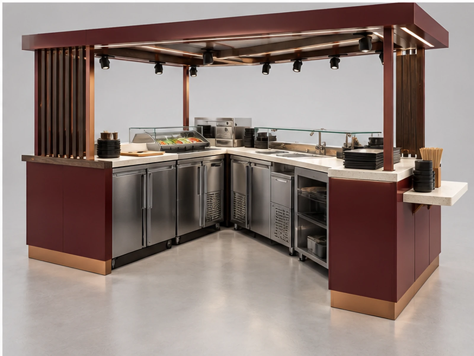 Corner Sushi Kiosk with Pickup Shelf staff-side equipment and storage layout
