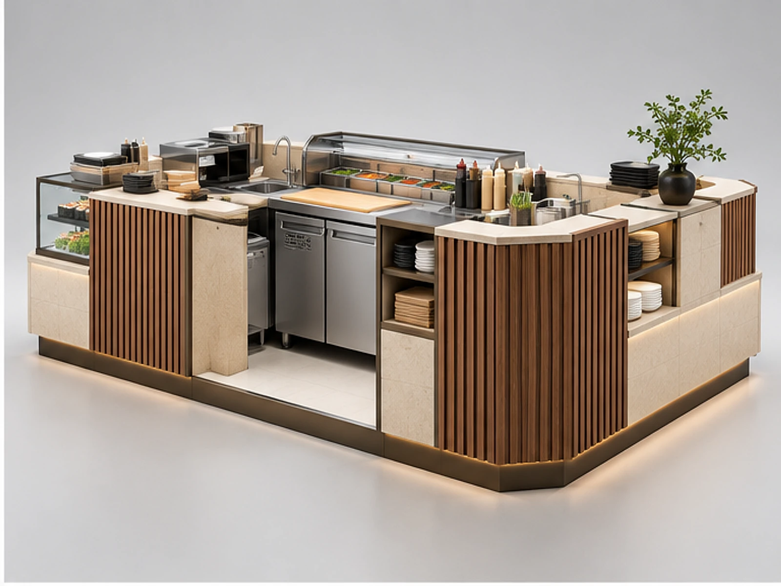 Custom Sushi Kiosk for Shopping Malls opposite angle showing overall kiosk layout