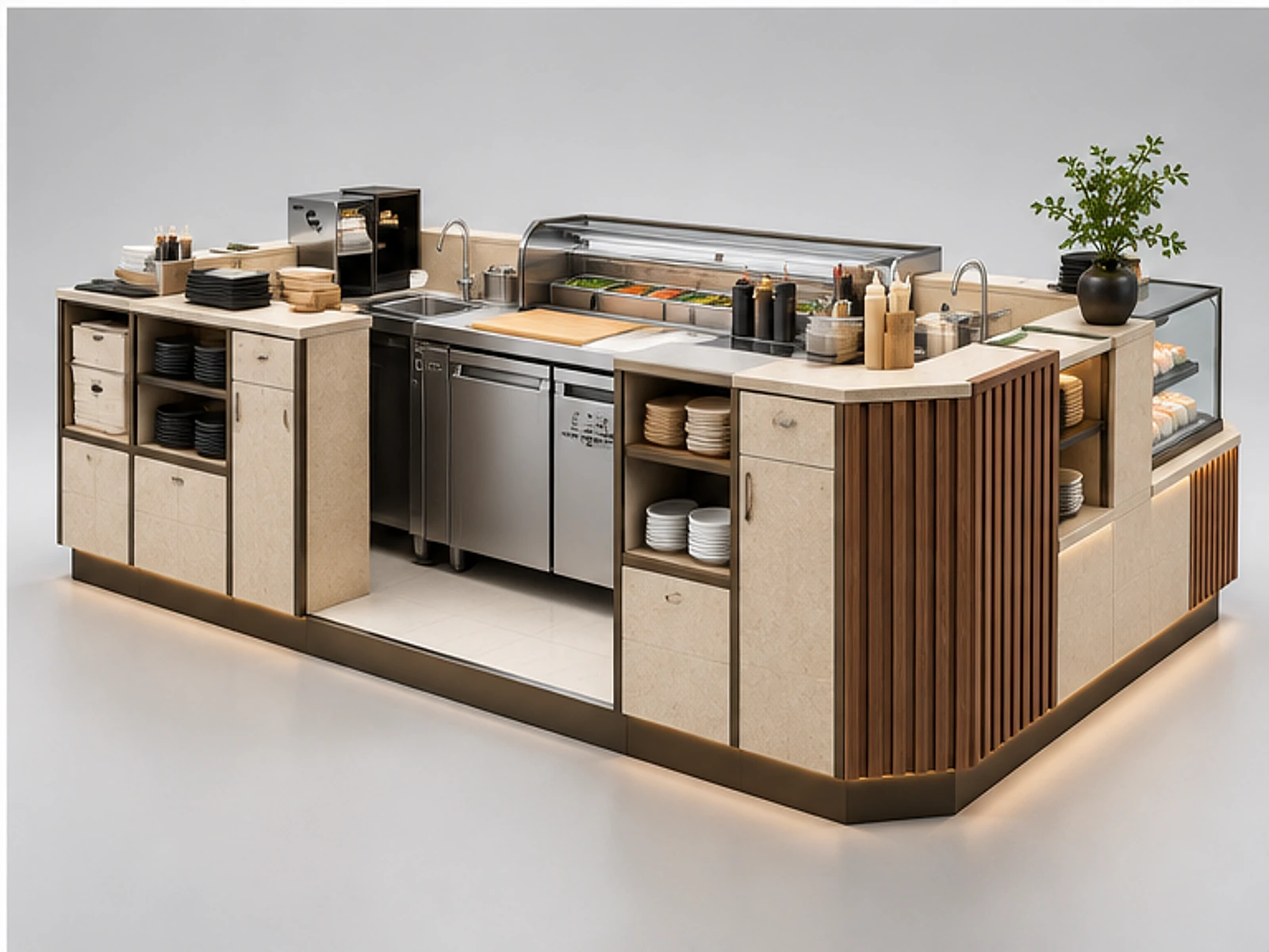 Custom Sushi Kiosk for Shopping Malls staff-side equipment and storage layout