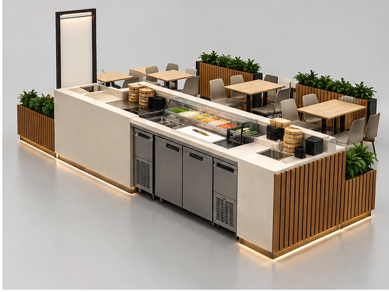 Food Court Sushi Counter with Menu Frame opposite angle showing overall kiosk layout