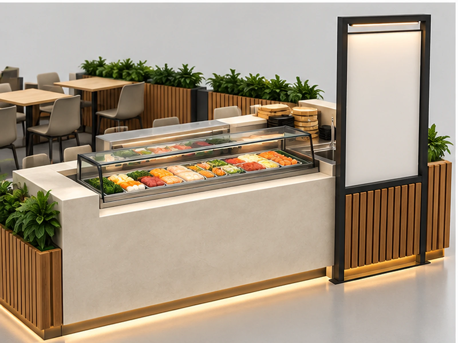Food Court Sushi Counter with Menu Frame customer-facing display and service counter