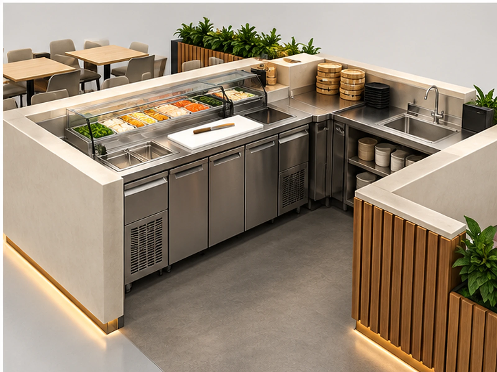 Food Court Sushi Counter with Menu Frame staff-side equipment and storage layout
