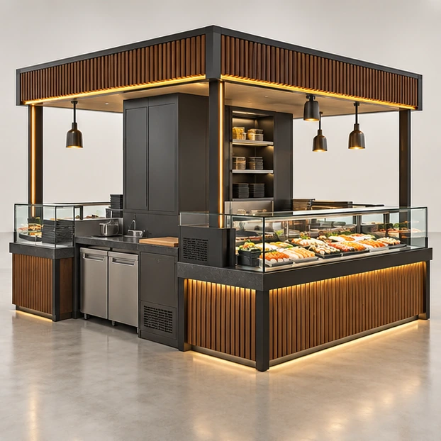 Four-Side Sushi Display Kiosk with Central Cold Storage opposite angle showing its complete footprint and display layout