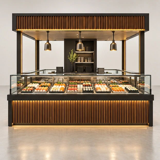 Four-Side Sushi Display Kiosk with Central Cold Storage customer-facing service and display view