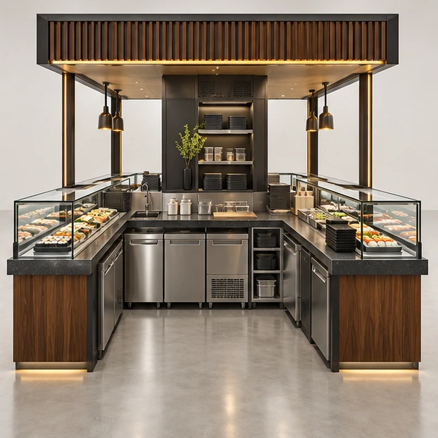 Four-Side Sushi Display Kiosk with Central Cold Storage operator-side equipment, access, and storage view