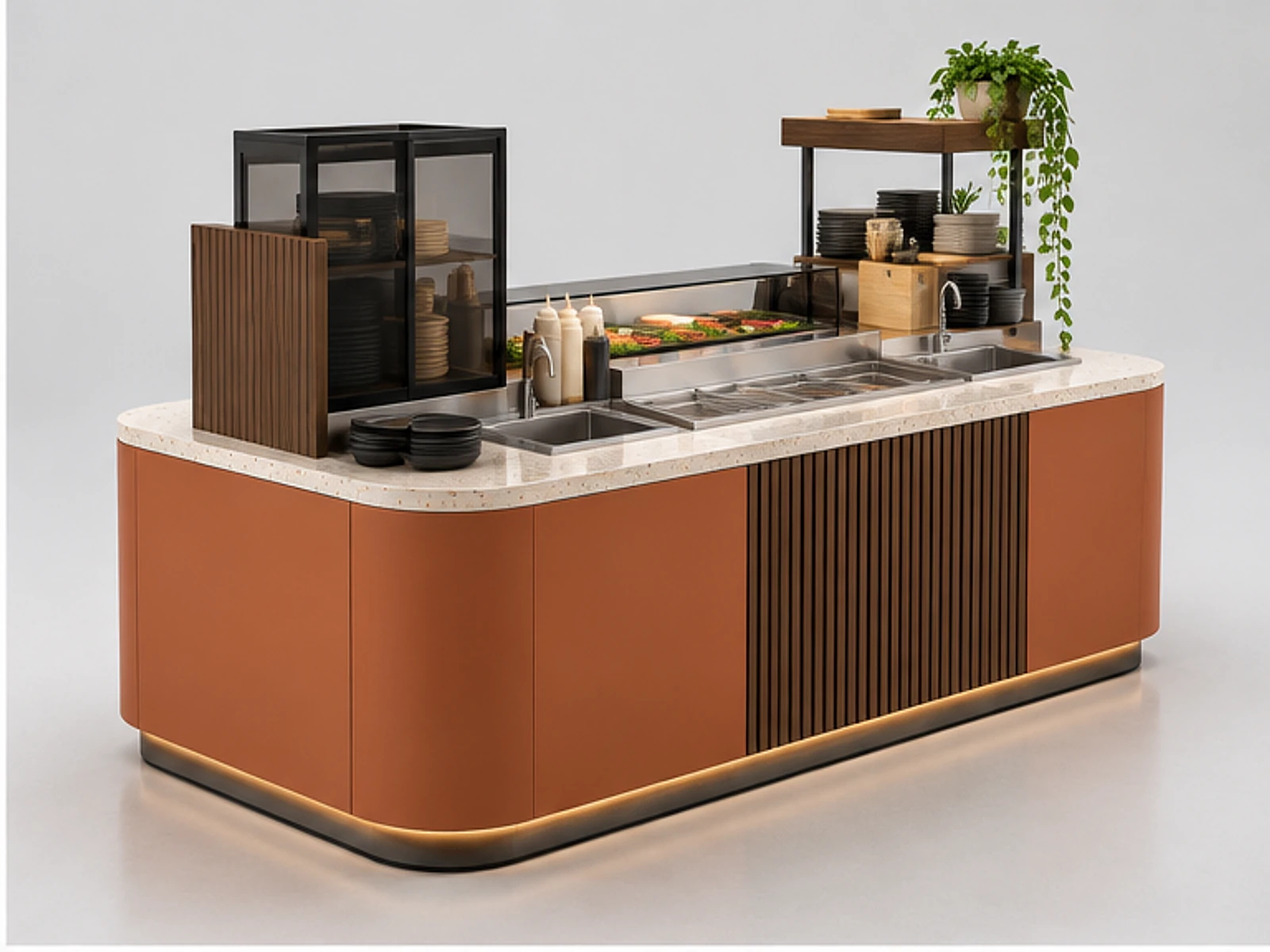 Island Sushi Kiosk with Multi-Side Service opposite angle showing overall kiosk layout