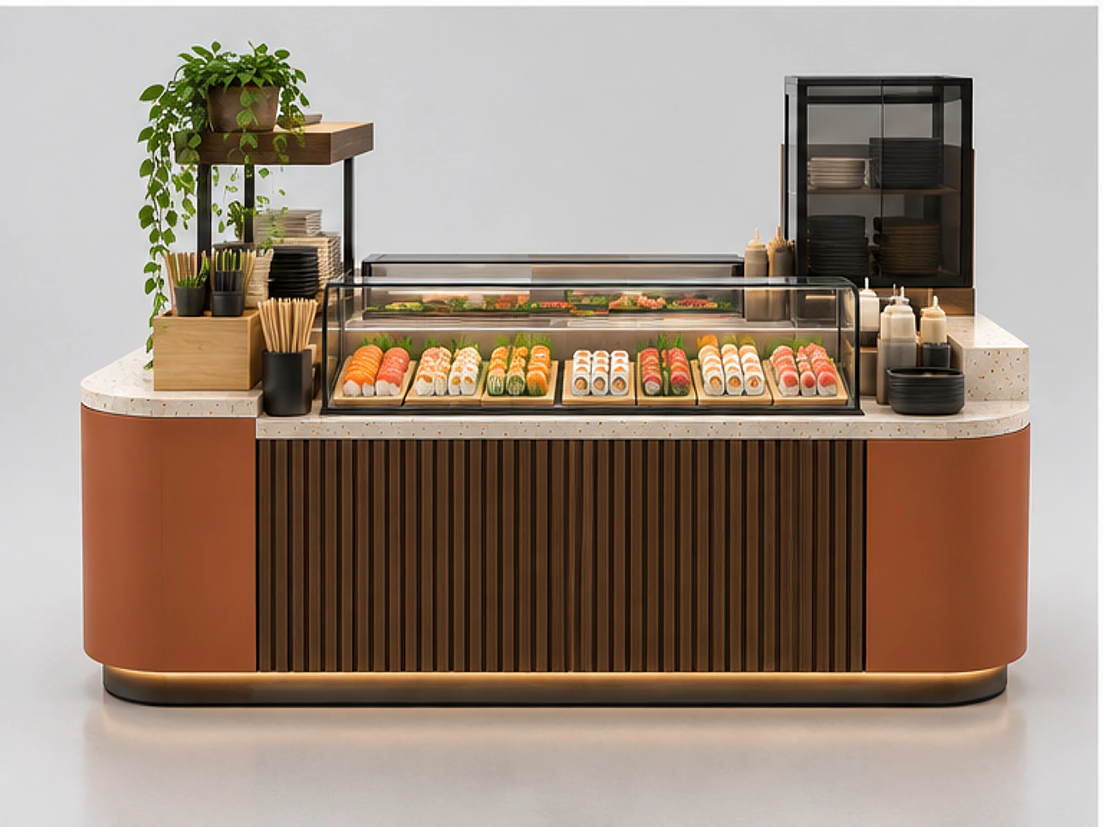 Island Sushi Kiosk with Multi-Side Service customer-facing display and service counter
