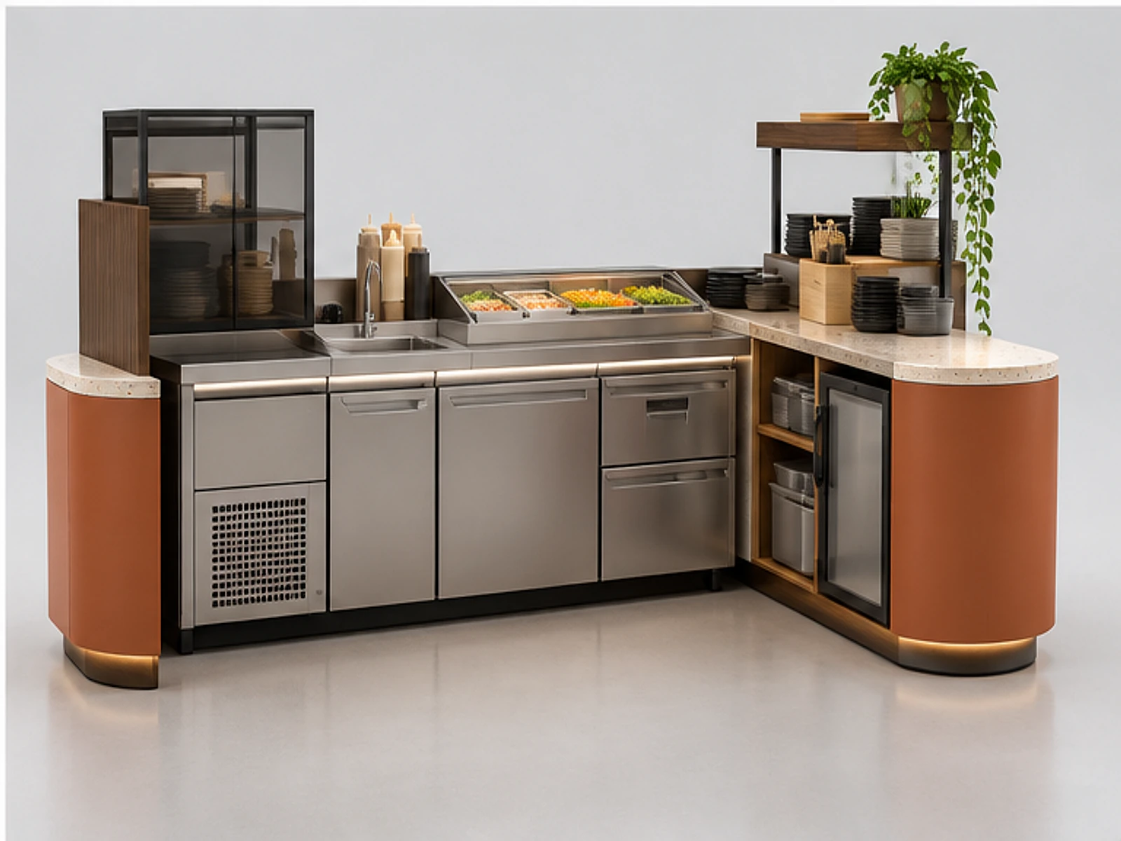 Island Sushi Kiosk with Multi-Side Service staff-side equipment and storage layout