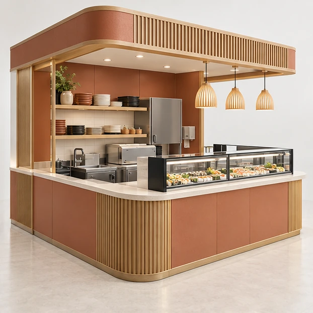 Japanese Oak Sushi Island with Customer Seating Edge opposite angle showing its complete footprint and display layout