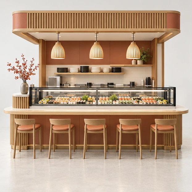 Japanese Oak Sushi Island with Customer Seating Edge customer-facing service and display view