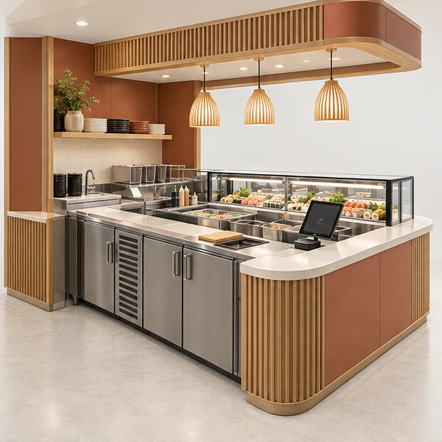 Japanese Oak Sushi Island with Customer Seating Edge operator-side equipment, access, and storage view