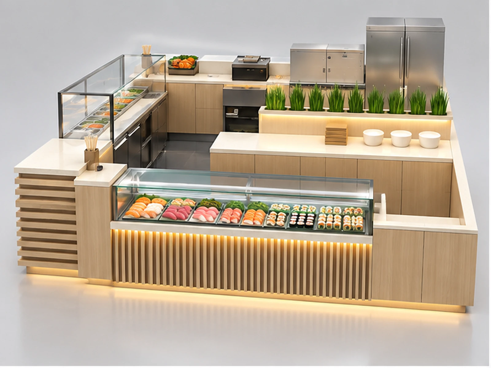 Japanese Wood Sushi Kiosk with Prep Counter main three-quarter product view