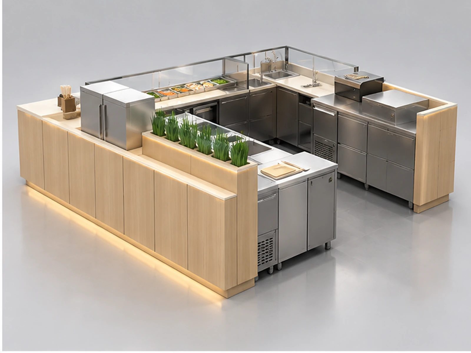 Japanese Wood Sushi Kiosk with Prep Counter opposite angle showing overall kiosk layout