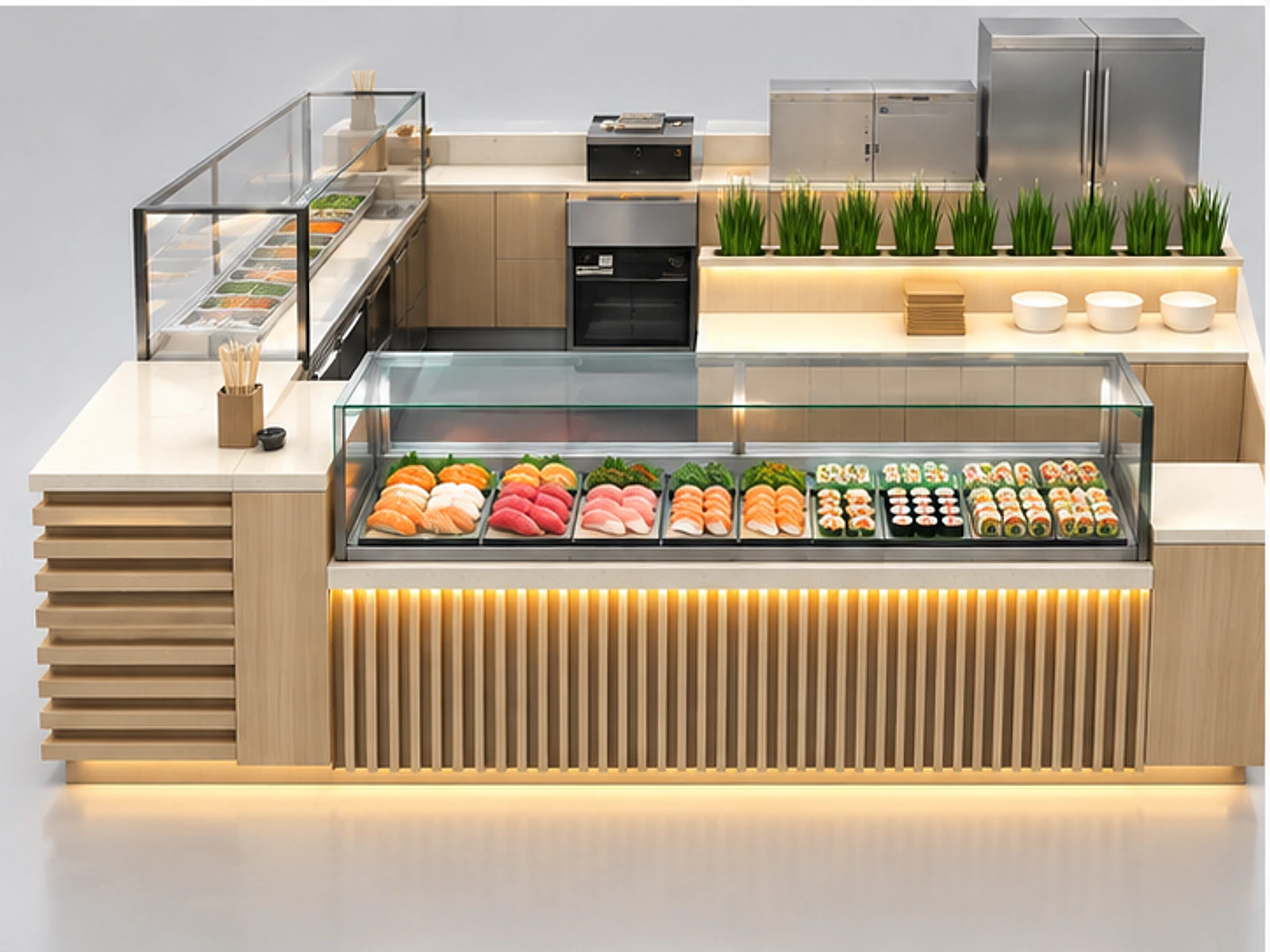 Japanese Wood Sushi Kiosk with Prep Counter customer-facing display and service counter