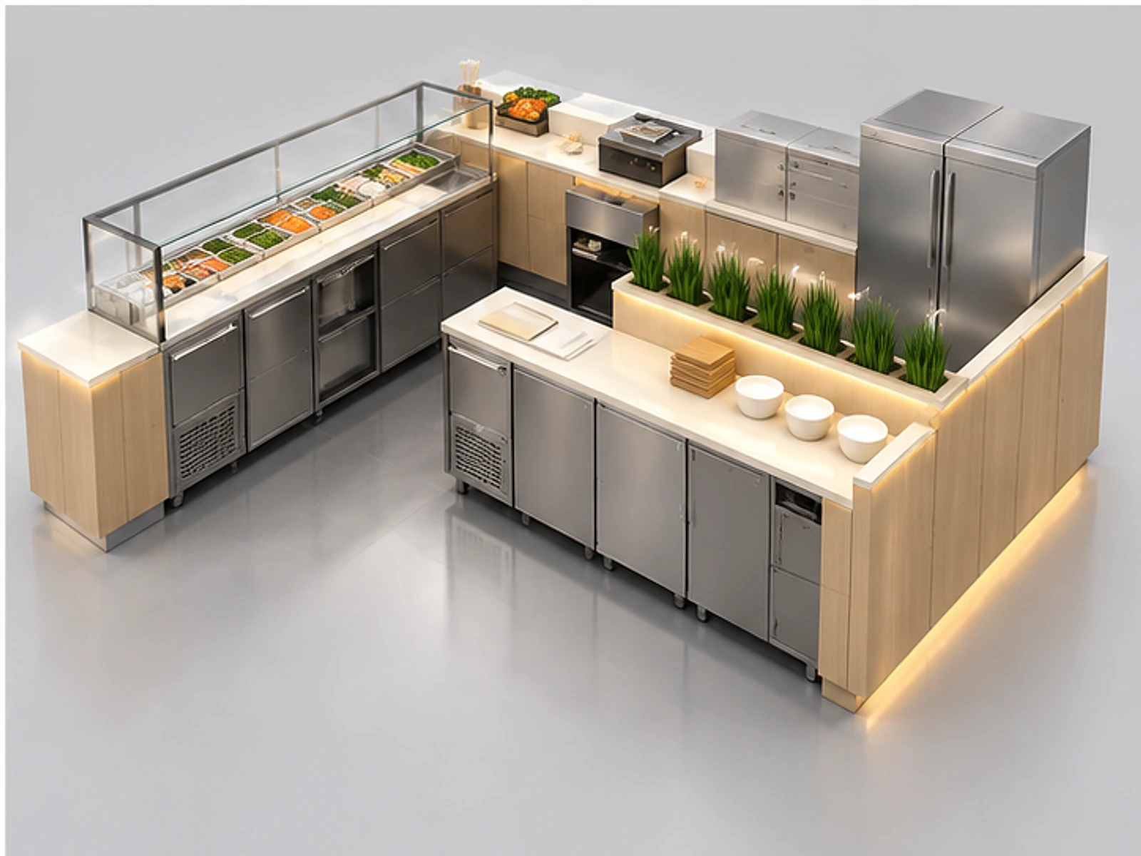 Japanese Wood Sushi Kiosk with Prep Counter staff-side equipment and storage layout