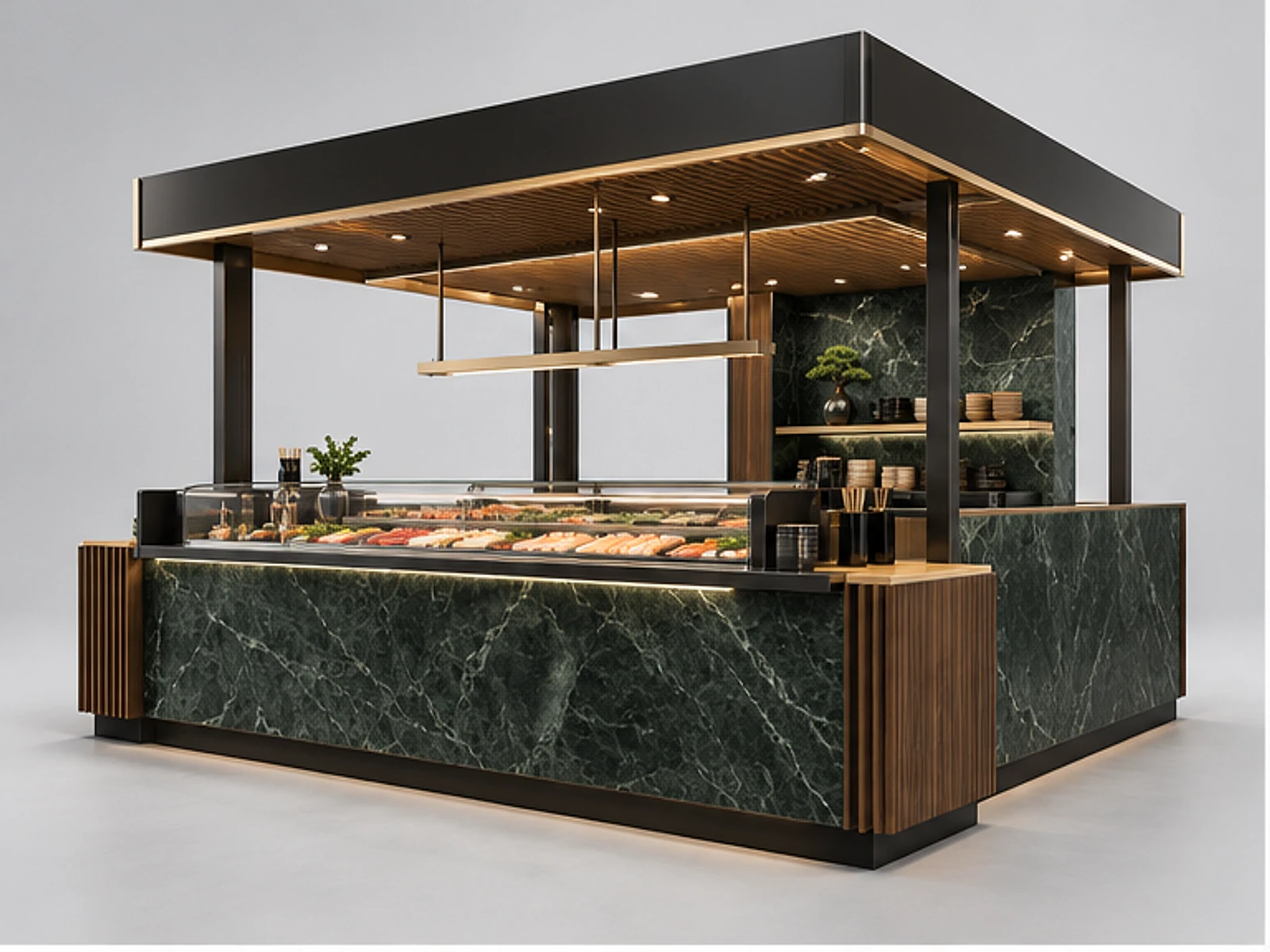 Luxury Sushi Bar Kiosk with Stone Finish main three-quarter product view