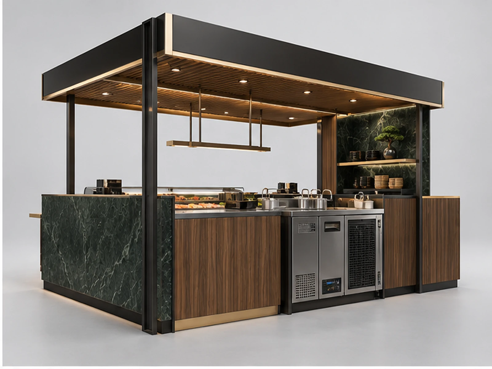 Luxury Sushi Bar Kiosk with Stone Finish opposite angle showing overall kiosk layout