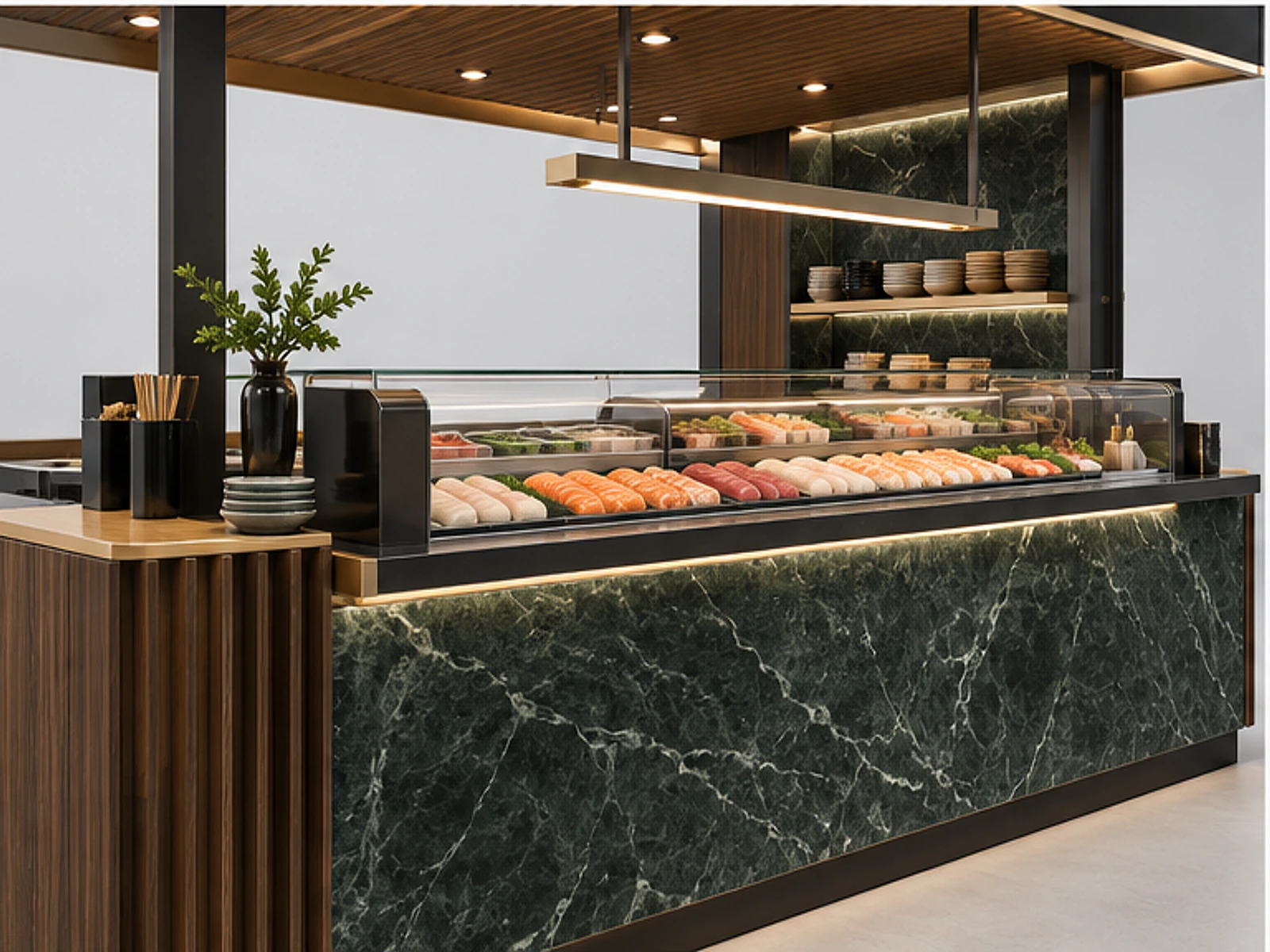 Luxury Sushi Bar Kiosk with Stone Finish customer-facing display and service counter