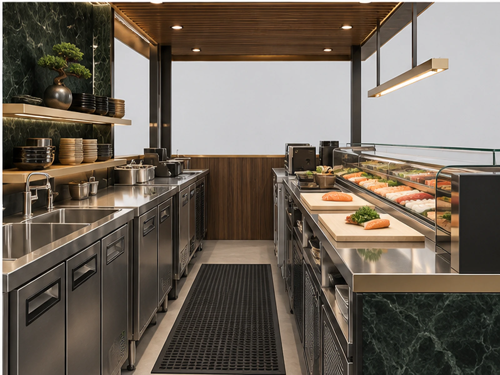 Luxury Sushi Bar Kiosk with Stone Finish staff-side equipment and storage layout