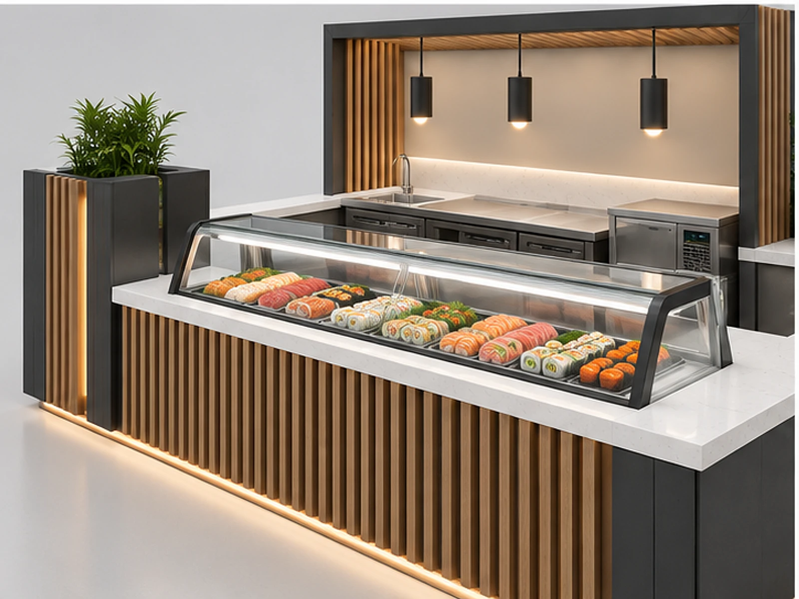 Modern Sushi Kiosk with Refrigerated Display customer-facing display and service counter