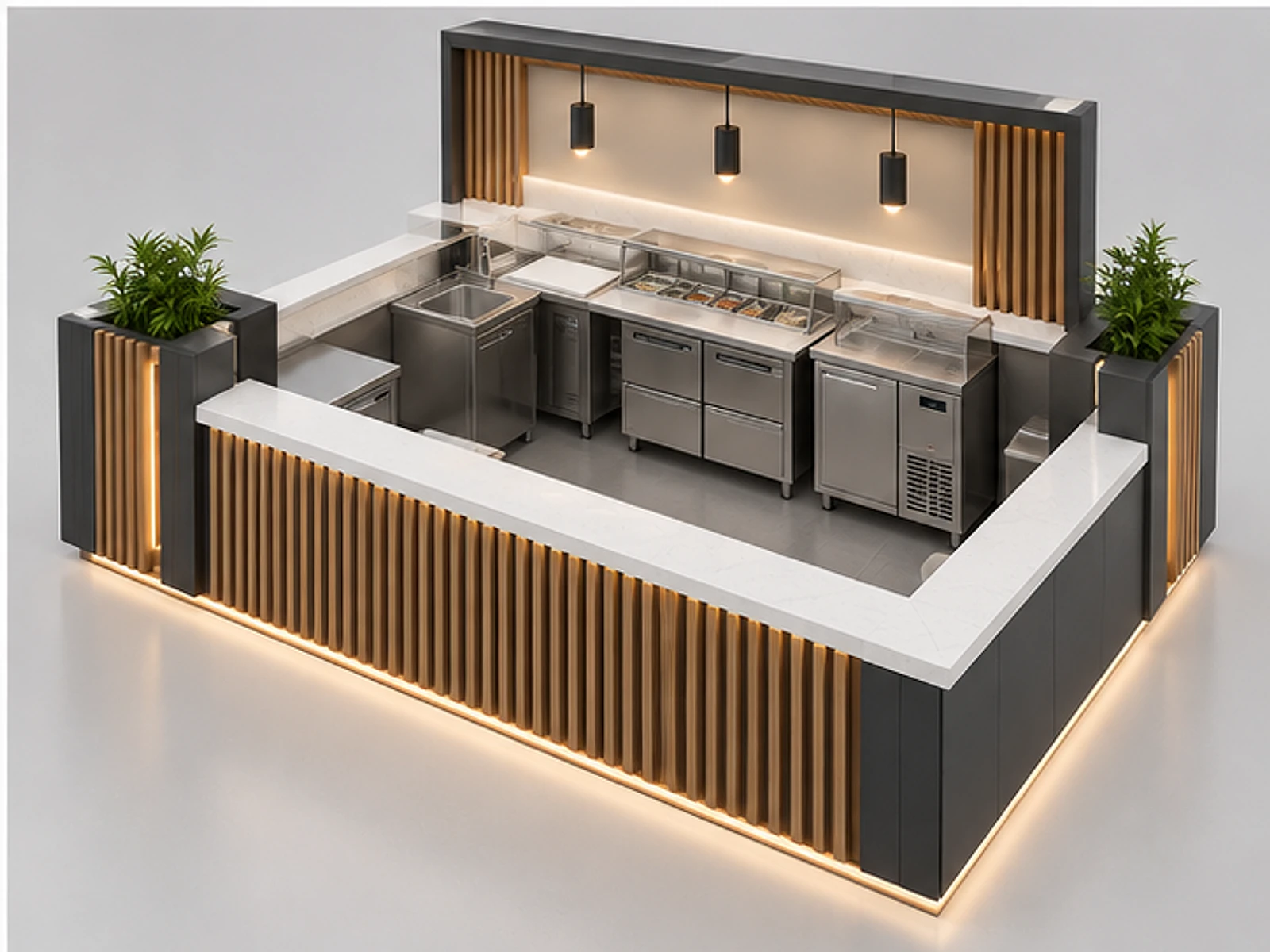 Modern Sushi Kiosk with Refrigerated Display staff-side equipment and storage layout