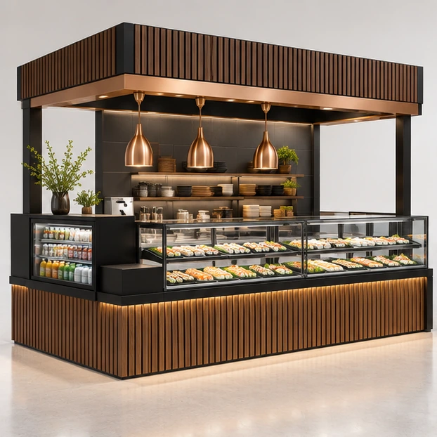 Modular Sushi Bar Kiosk with Expandable Display Bays main three-quarter product rendering