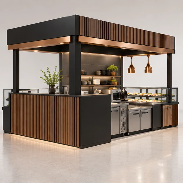 Modular Sushi Bar Kiosk with Expandable Display Bays opposite angle showing its complete footprint and display layout