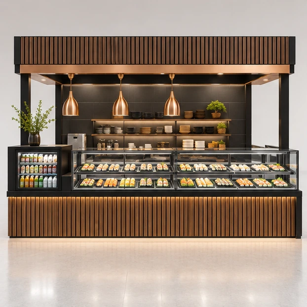 Modular Sushi Bar Kiosk with Expandable Display Bays customer-facing service and display view