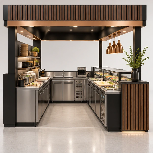 Modular Sushi Bar Kiosk with Expandable Display Bays operator-side equipment, access, and storage view