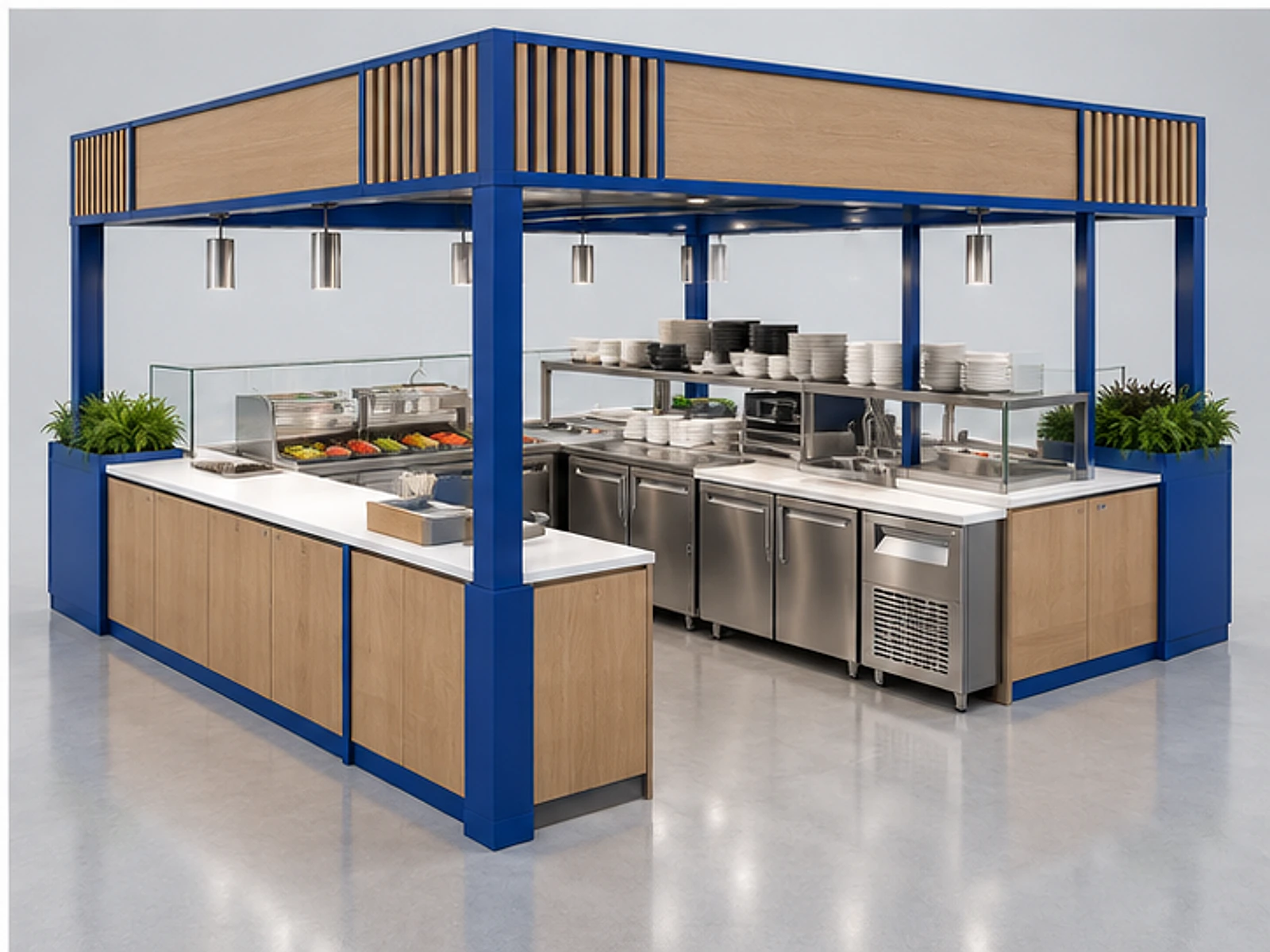 Modular Sushi Kiosk for Retail Chains staff-side equipment and storage layout
