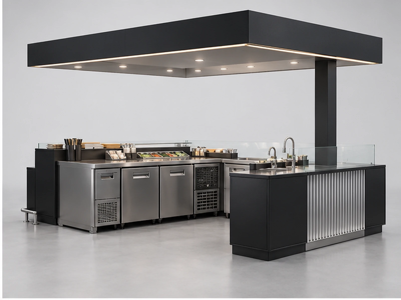 Open Sushi Kiosk with Stainless Preparation Line opposite angle showing overall kiosk layout