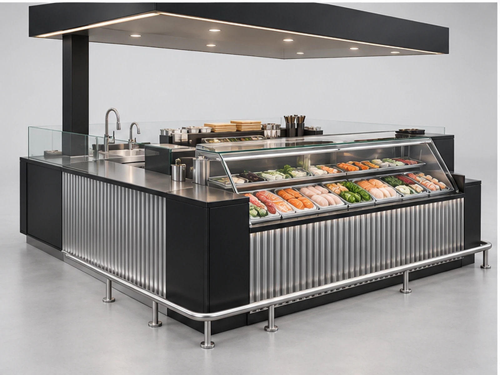 Open Sushi Kiosk with Stainless Preparation Line customer-facing display and service counter