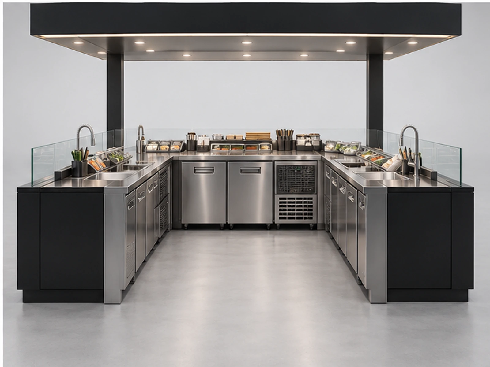 Open Sushi Kiosk with Stainless Preparation Line staff-side equipment and storage layout