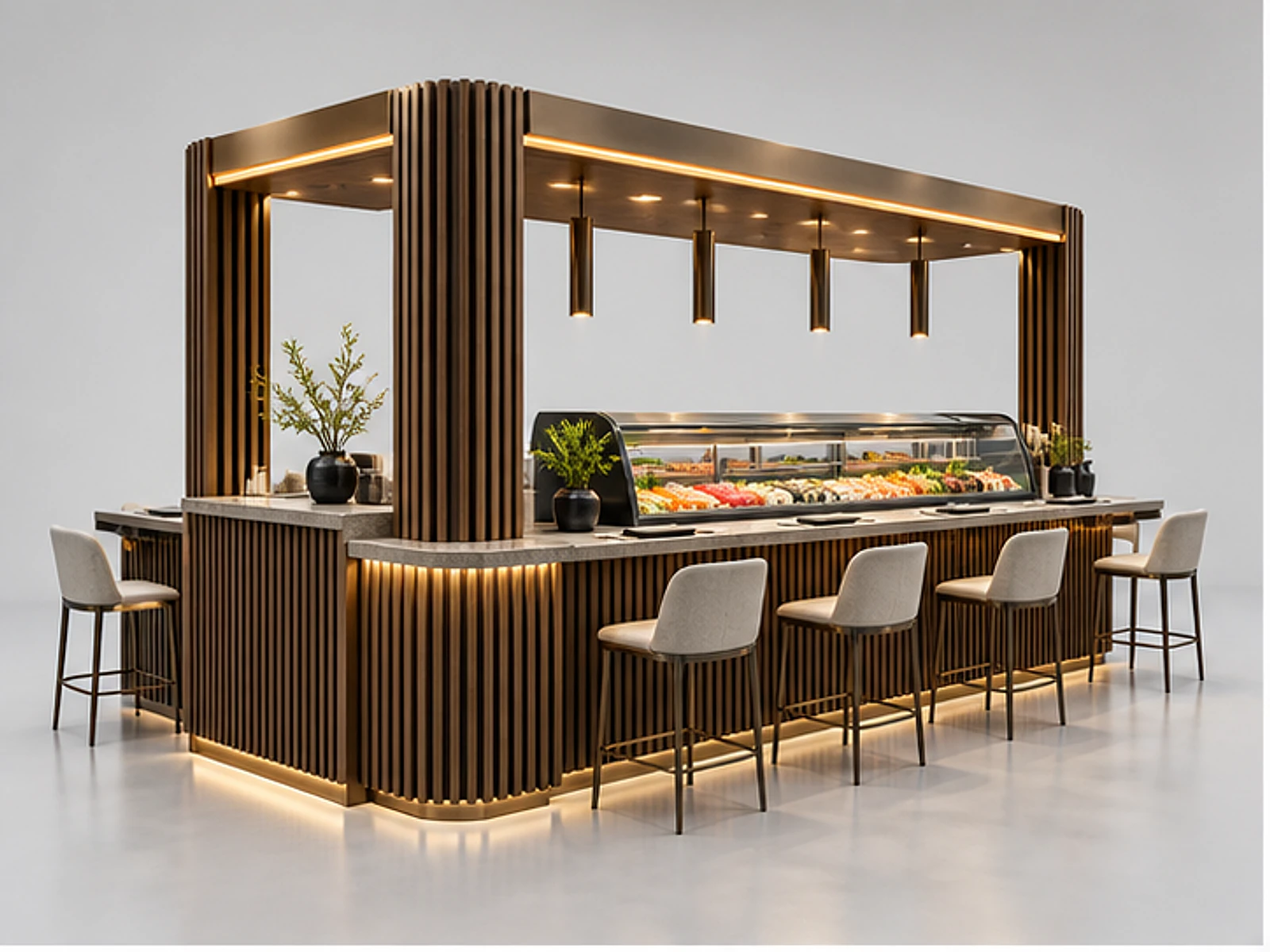 Premium Sushi Kiosk with Oak Slat Panels main three-quarter product view