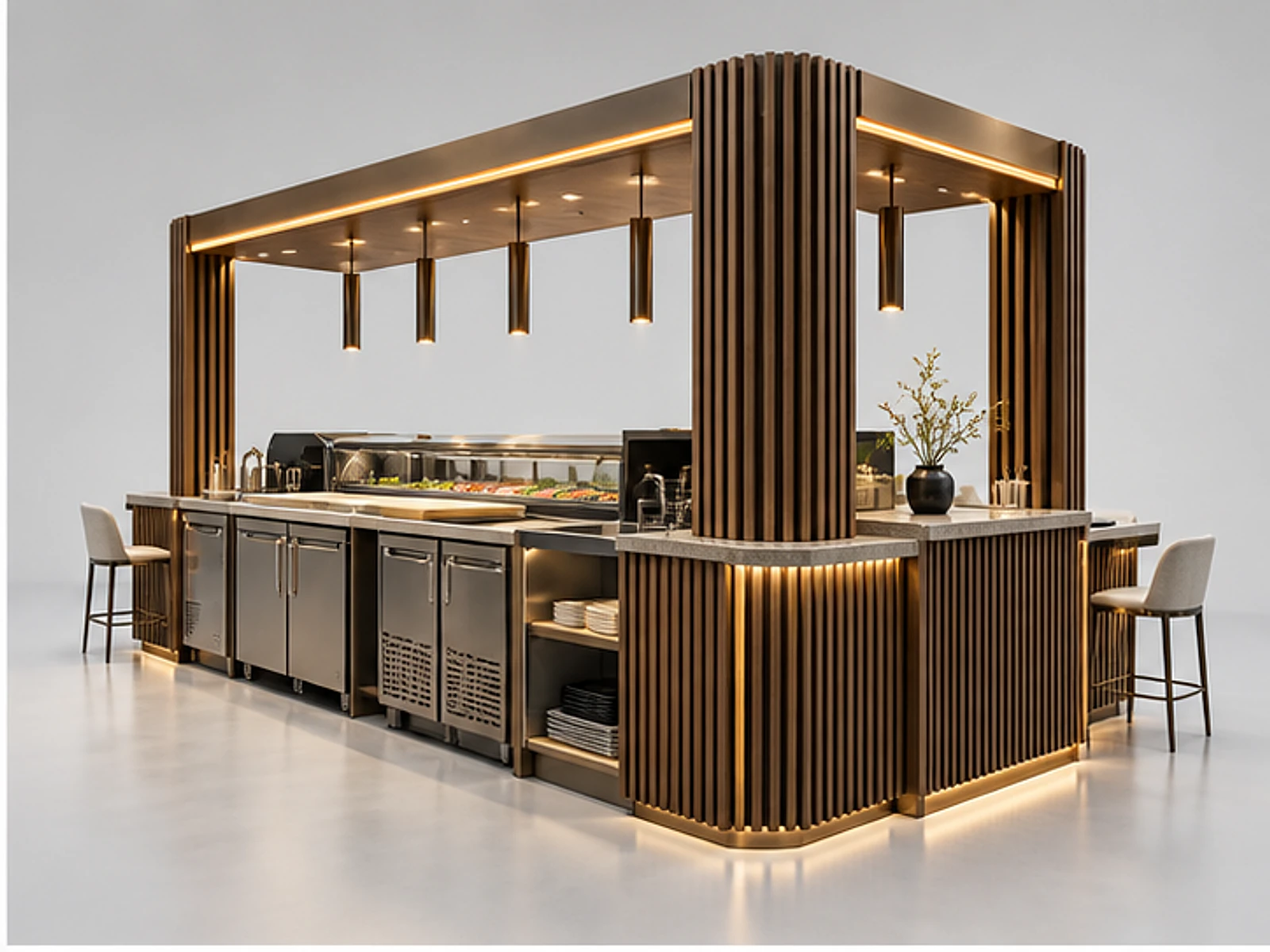 Premium Sushi Kiosk with Oak Slat Panels opposite angle showing overall kiosk layout