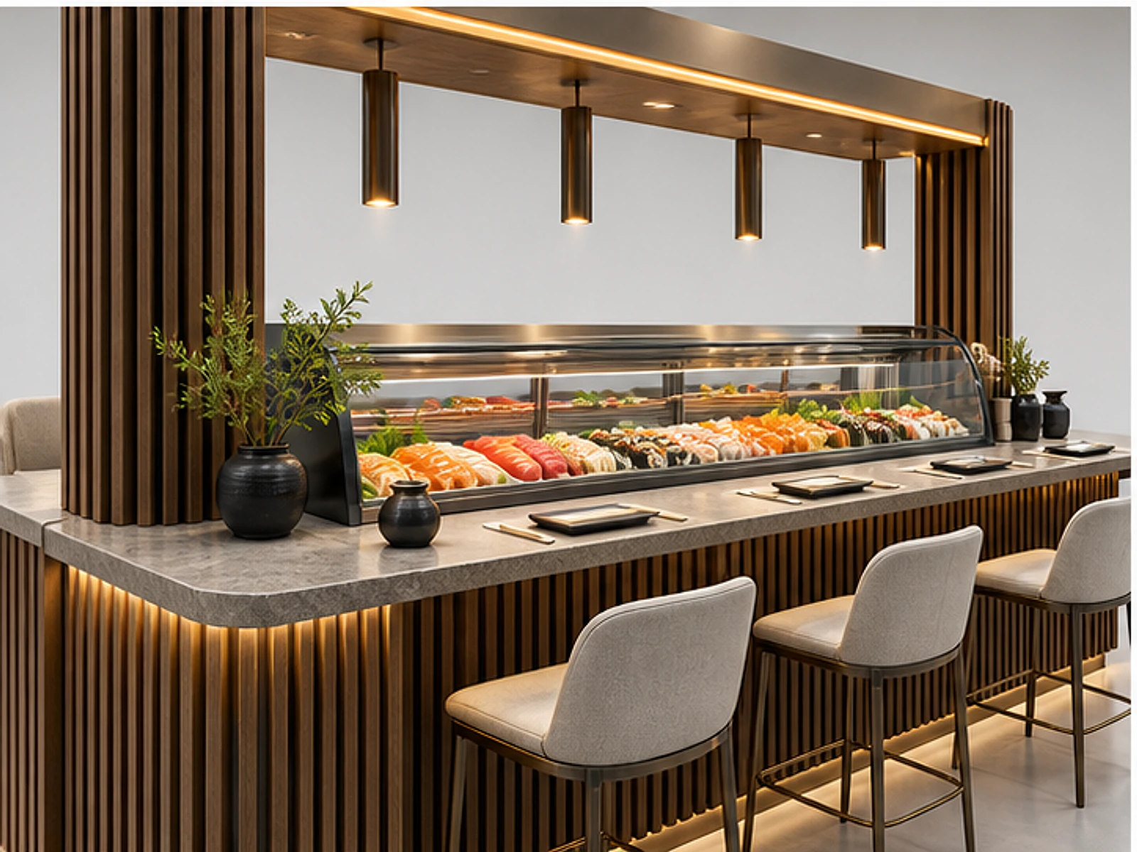 Premium Sushi Kiosk with Oak Slat Panels customer-facing display and service counter