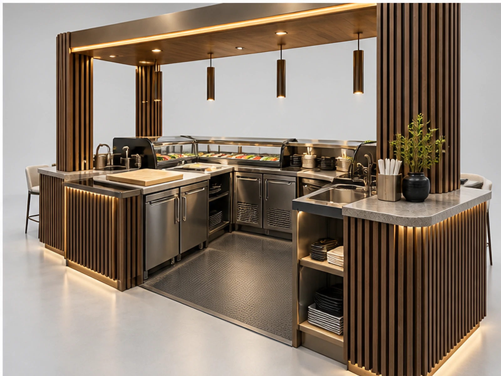 Premium Sushi Kiosk with Oak Slat Panels staff-side equipment and storage layout