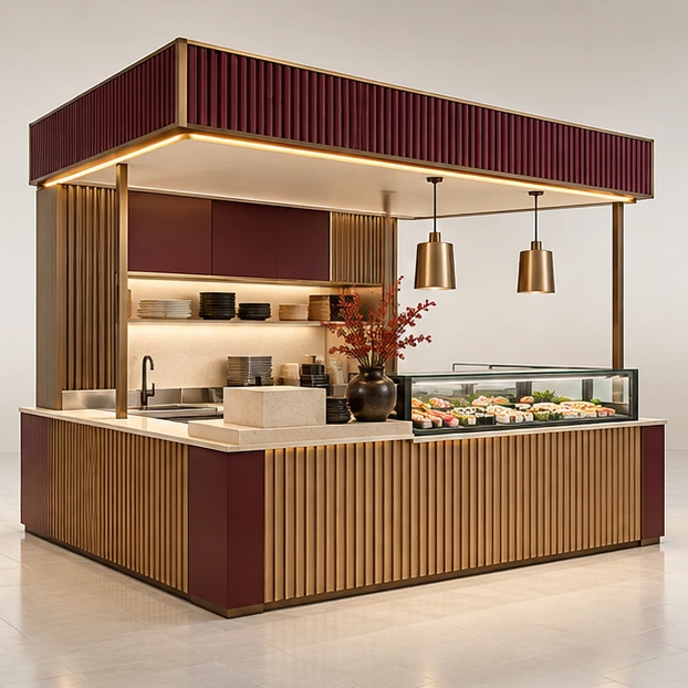 Premium Sushi Kiosk with Stone Counter and Backlit Sign opposite angle showing its complete footprint and display layout