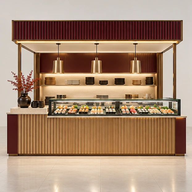 Premium Sushi Kiosk with Stone Counter and Backlit Sign customer-facing service and display view