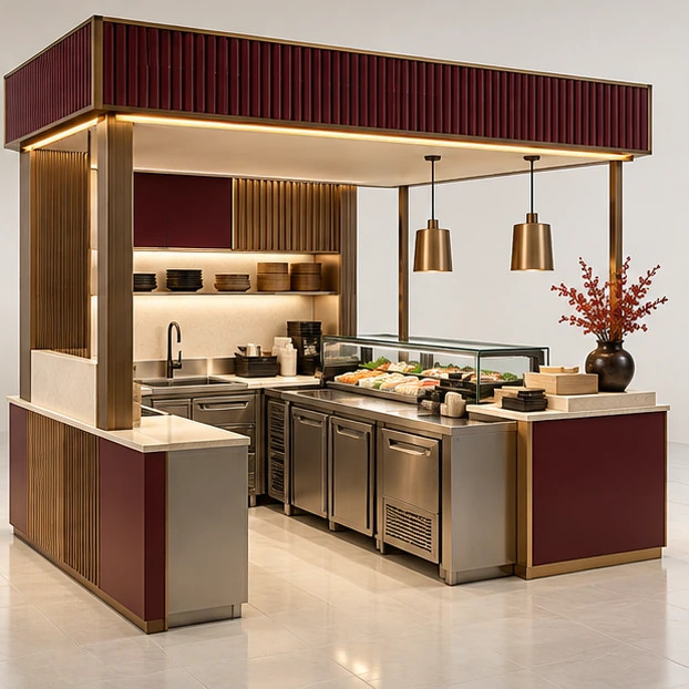 Premium Sushi Kiosk with Stone Counter and Backlit Sign operator-side equipment, access, and storage view