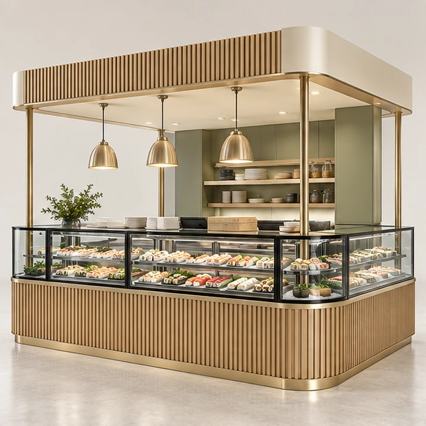 Refrigerated Sushi Kiosk with Wraparound Display Case main three-quarter product rendering