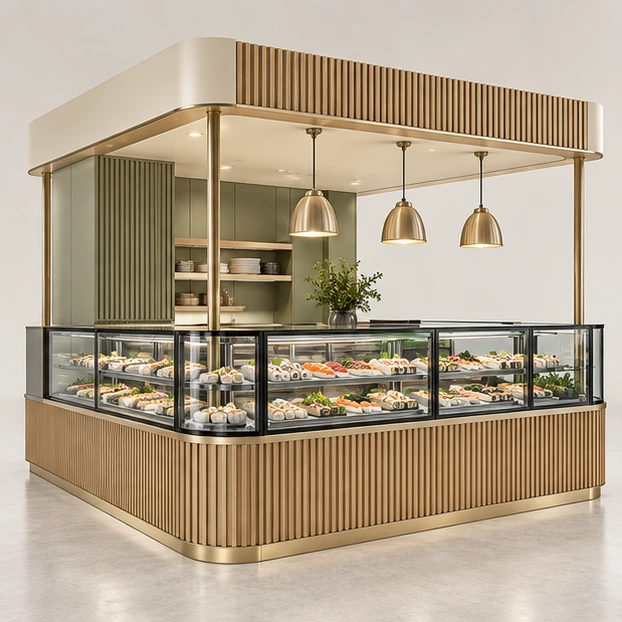 Refrigerated Sushi Kiosk with Wraparound Display Case opposite angle showing its complete footprint and display layout