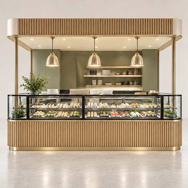 Refrigerated Sushi Kiosk with Wraparound Display Case customer-facing service and display view