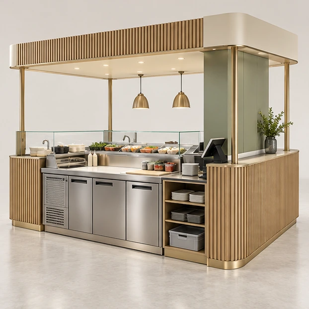 Refrigerated Sushi Kiosk with Wraparound Display Case operator-side equipment, access, and storage view
