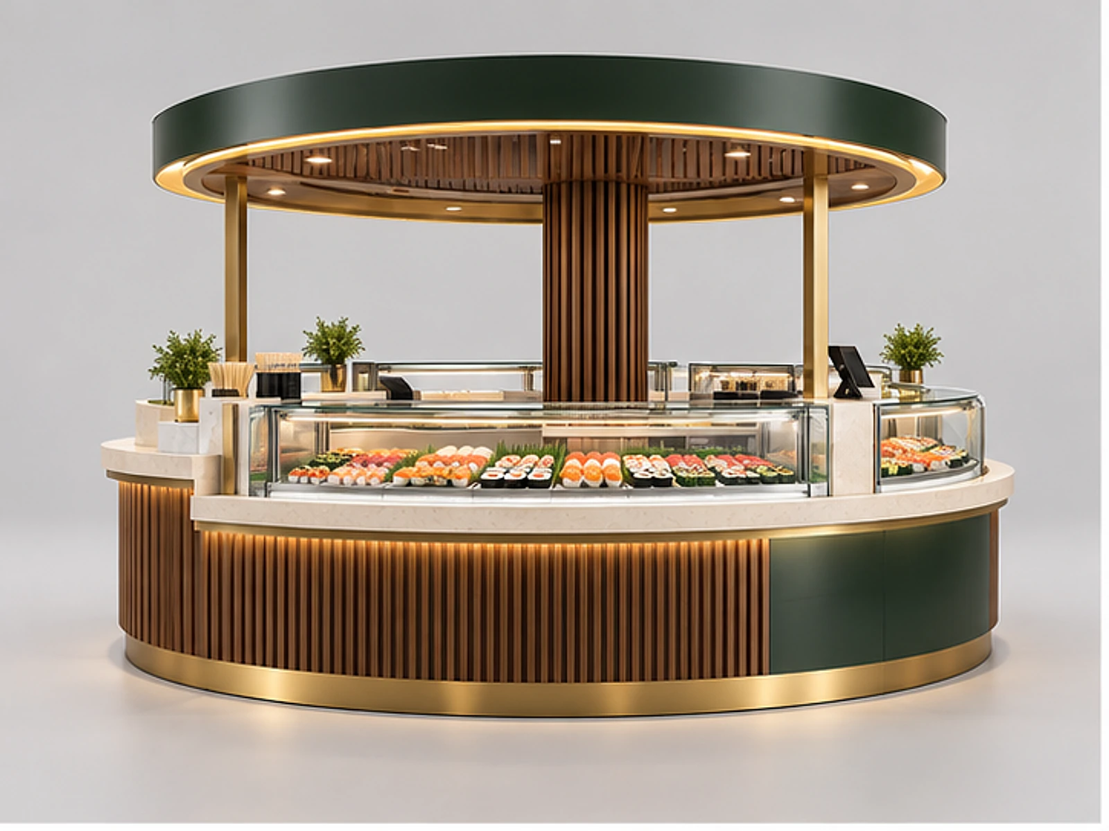 Round Sushi Kiosk with Chilled Display Cases main three-quarter product view