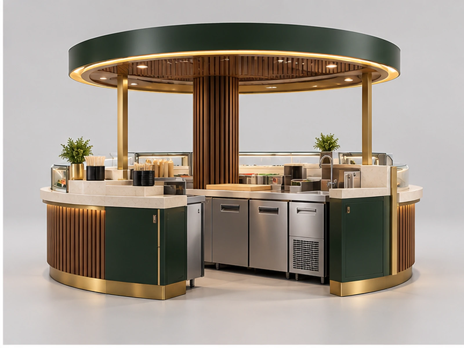 Round Sushi Kiosk with Chilled Display Cases opposite angle showing overall kiosk layout
