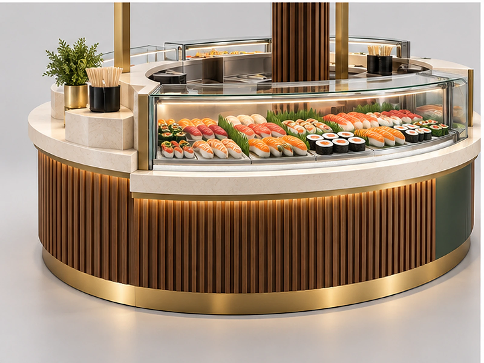 Round Sushi Kiosk with Chilled Display Cases customer-facing display and service counter