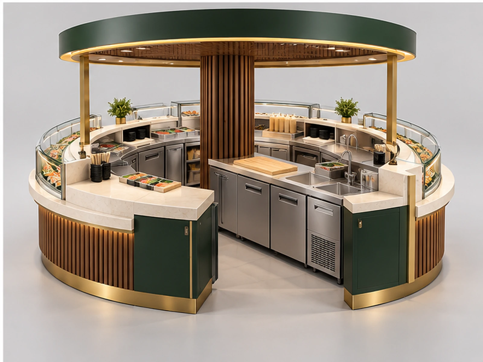 Round Sushi Kiosk with Chilled Display Cases staff-side equipment and storage layout