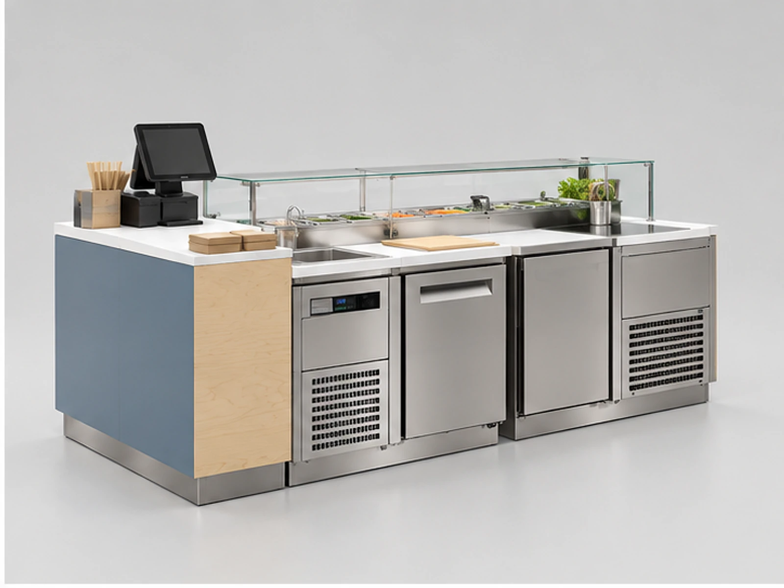 Small Sushi Booth with POS and Packaging Area opposite angle showing overall kiosk layout